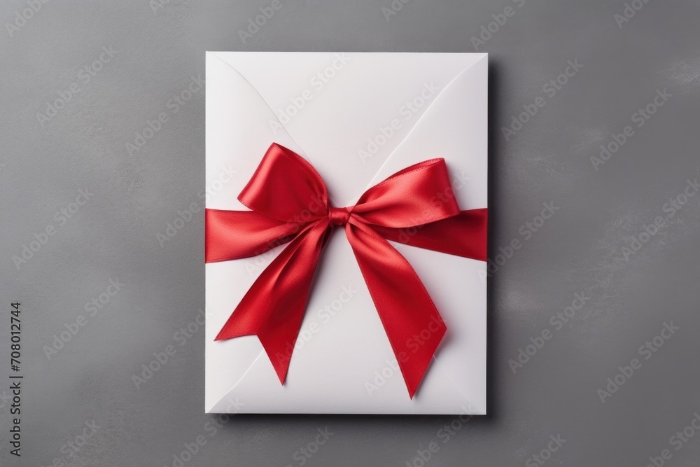 White envelope, gift card with red bow isolated on gray background. View from above. Gift card. Birthday. Valentines day. White envelope, gift card with red bow isolated on gray background. View from above. Gift card. Birthday. Valentines day.