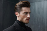  The essence of refined masculinity features a man in a black turtleneck with a classic combed-back hairstyle.