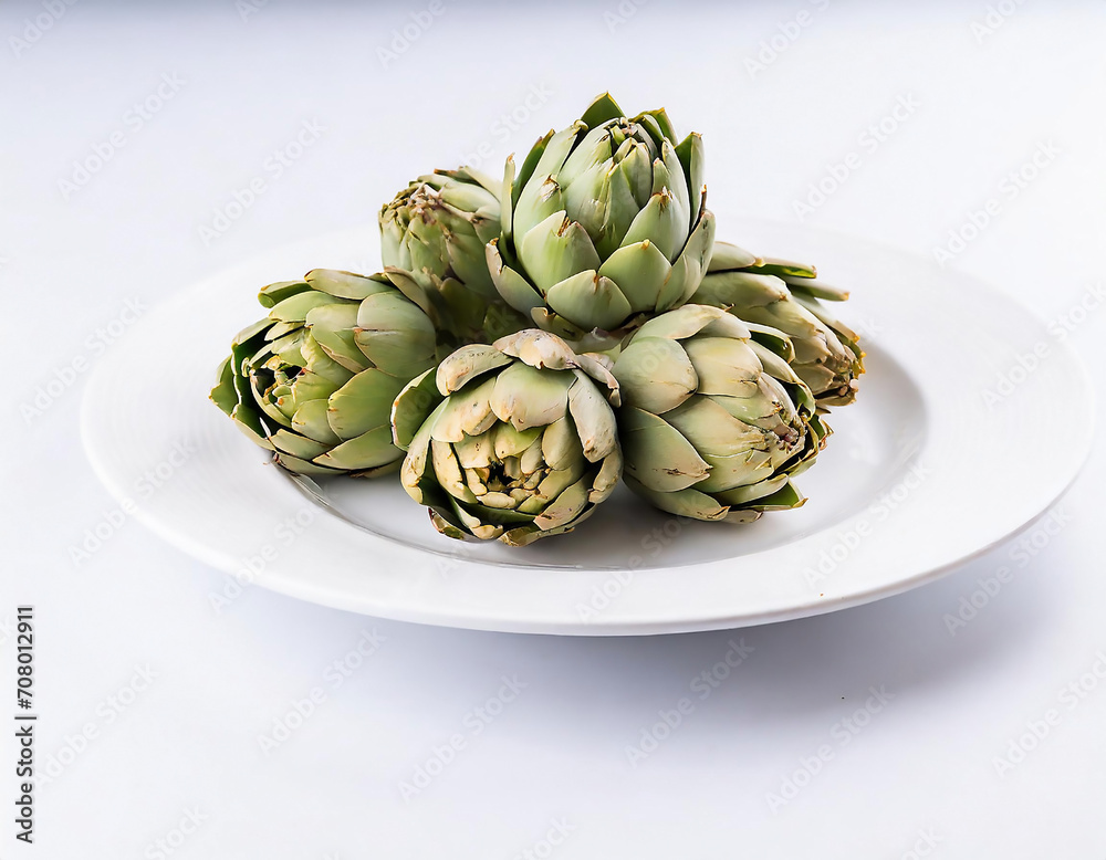 Fototapeta premium Carciofo a spicchi e intero in un piatto bianco