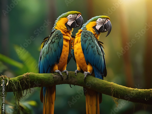 A beautiful macaw perching couple on top mossy stick over far blur green background in shaded sun lighting, amazing nature
