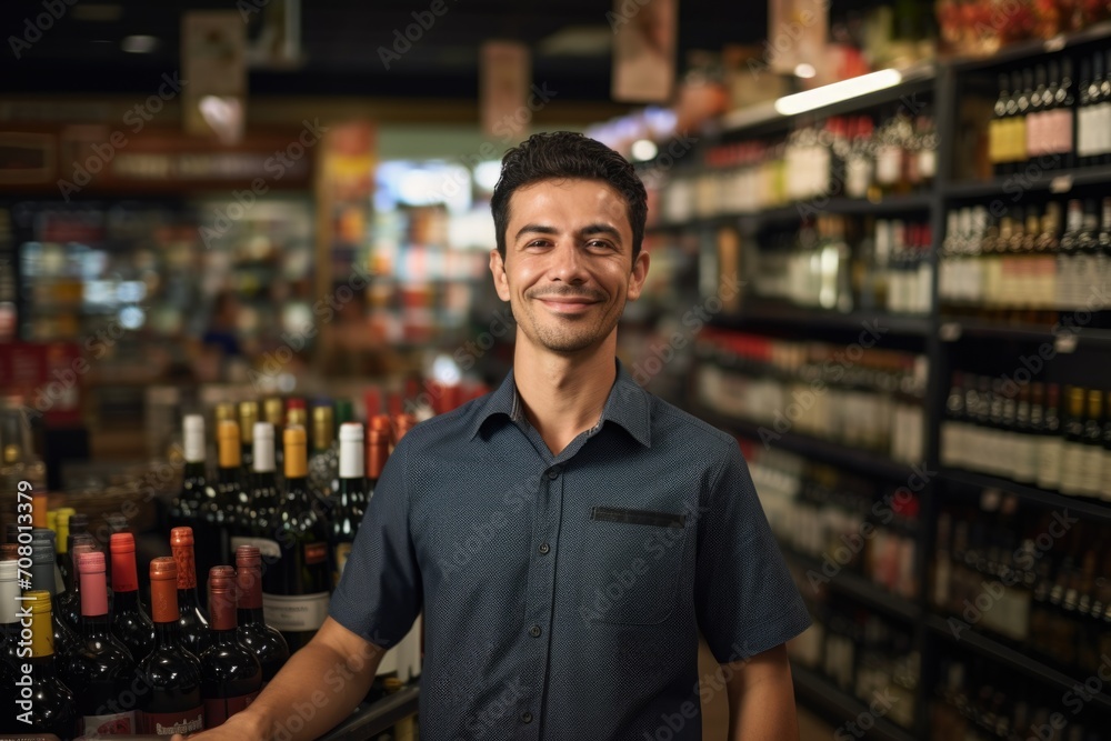 Portrait of a happy store clerk in a liquor store