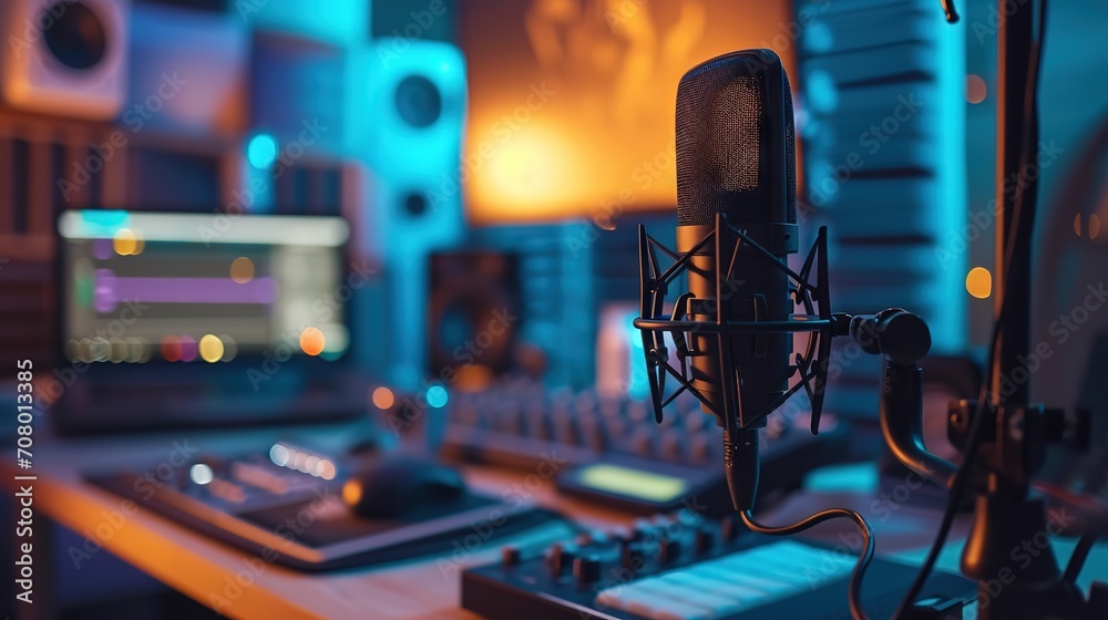 This image shows a well-equipped music recording studio with a microphone in the foreground and various audio equipment in the background. - obrazy, fototapety, plakaty 