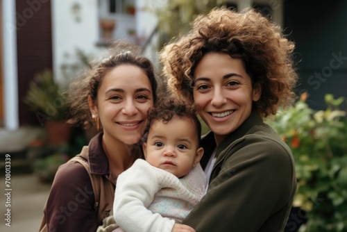 Family portrait of two mothers and their baby at home