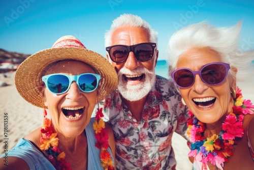 Smiling portrait of senior people at the beach