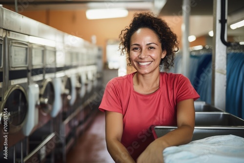 Portrait of a smiling hispanic woman working at laundromat photo