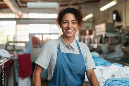 Portrait of a smiling hispanic woman working at laundromat