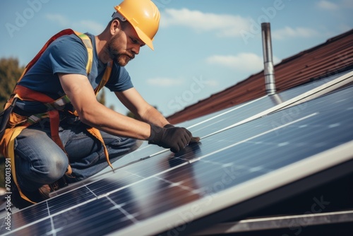 Construction worker installing solar panels on house roof