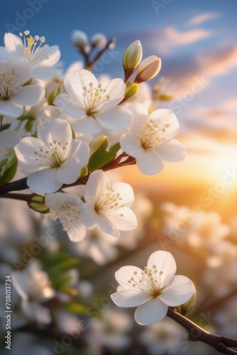 Branches with fresh white flowers in full bloom against the sunset sky.