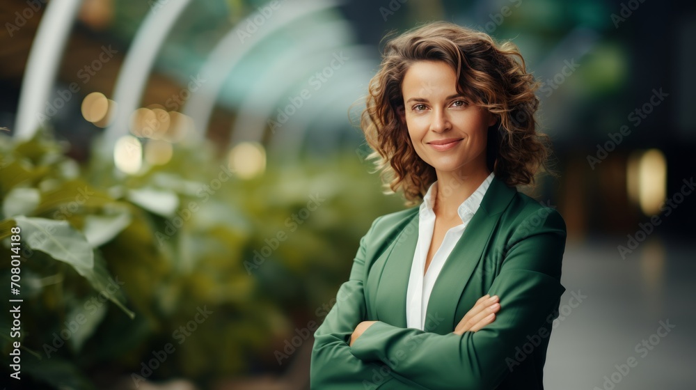 Portrait of happy modern middle aged business woman near business center in green blouse with crossed arms Portrait of happy modern middle aged business woman near business center in green blouse with crossed arms