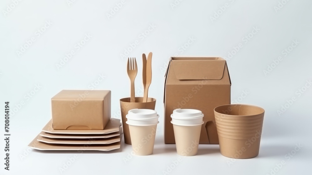 the concept of zero waste and recycling. Use of eco-friendly paper tableware and packaging made from biodegradable materials Delivered food in eco friendly paper packaging boxes on wooden table