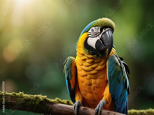 A beautiful macaw perching couple on top mossy stick over far blur green background in shaded sun lighting  amazing nature