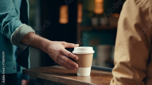 eco friendly ideas Recycled Packaging Concept. Barista Giving a Hot Cup of Coffee to customer. Zero Waste Materials. Environment Care  Reuse  Renewable for Sustainable Lifestyle esg for earth