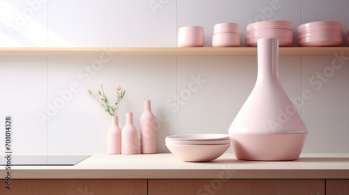 a soft pink funnel, its delicate and charming color palette creating a sense of sweetness and grace, harmonizing beautifully with the pristine white backdrop, enhancing the aesthetics of any kitchen.