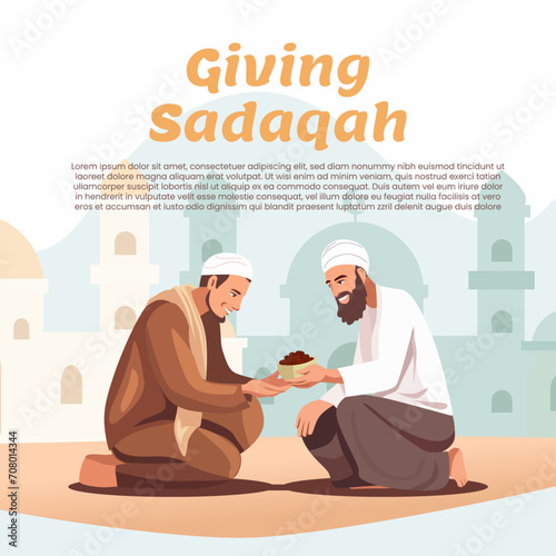 muslim giving sodaqoh vector. Muslims give zakat or gifts to the poor photo