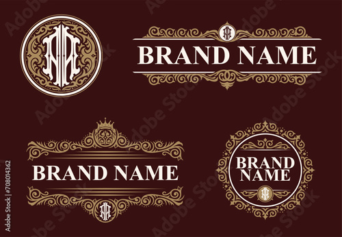 Set of letter A or AA monogram logos template. Premiun, Luxury, Victorian, Vintage, Badge design, Ornament Frame Style. Vector collection good for wedding, fashion boutique, clothing brand and etc photo