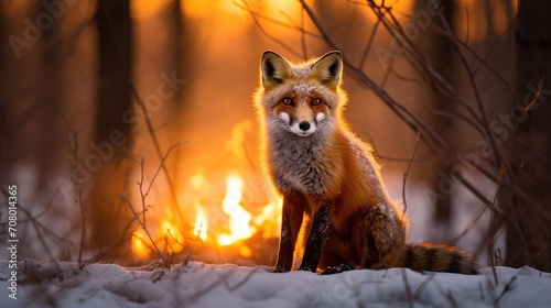 Amidst the inferno, a fox darts desperately, seeking an escape route.