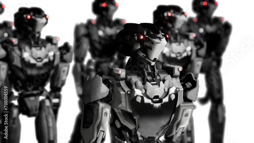 3d rendering of walking robotics army, industrial group of cyborg machines on white and green screen studio background.