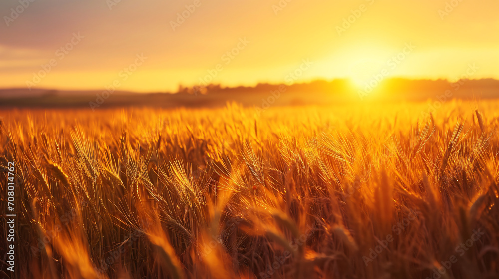A serene sunrise over a sprawling wheat field with a farmer tending the land.
