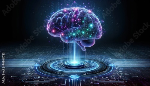 Advanced human brain, cybernetic tech, AI neural network, digital holography, neon circuitry