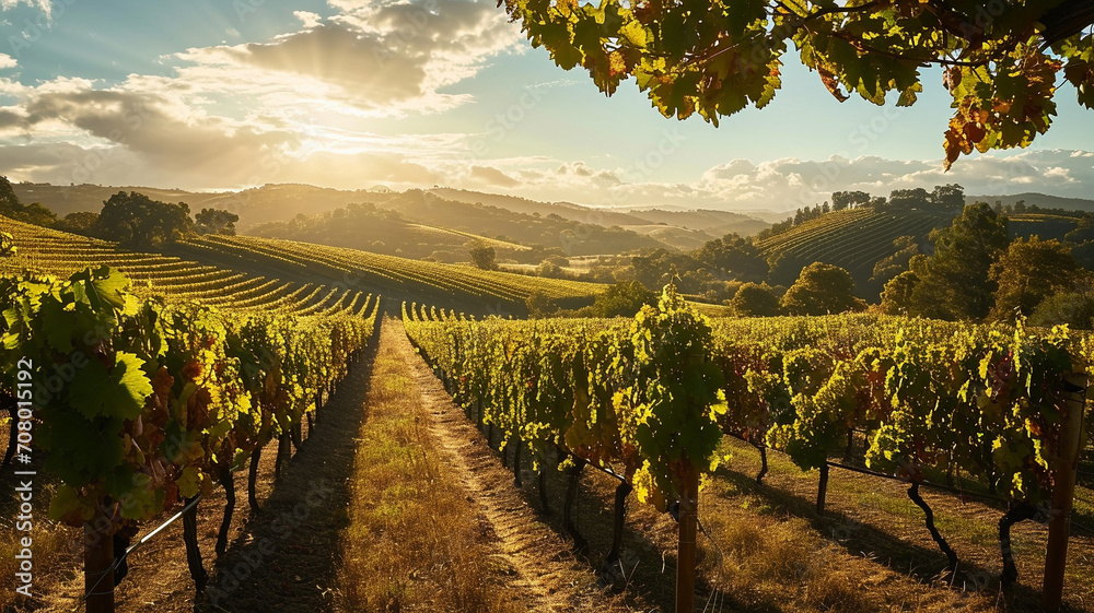 Fototapeta premium A sweeping shot of rolling vineyards under a clear, sunny sky