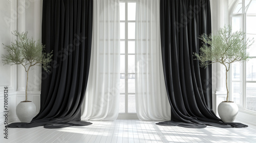interior with large window and two tone for curtains in black and white , mock-up, 