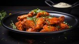 A tempting display of buffalo wings, their glossy exterior hinting at the fiery spice within. The vibrant colors and appetizing aroma make this dish an irresistible treat for the senses.