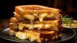 A tempting display of Grilled Cheese Sandwiches, their cheese fillings melding together between slices of lightly toasted bread. The presentation is as inviting as the savory taste.