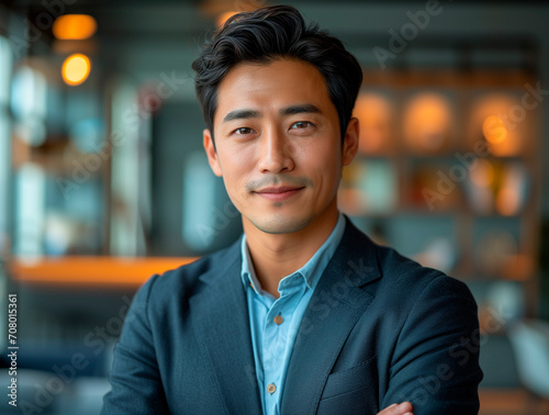 portrait of a successful Asian man entrepreneur wearing a suit, arms crossed in front of her chest, office background © Enrique