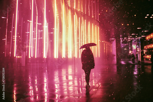 Silhouette of a woman walking in the rain with an umbrella