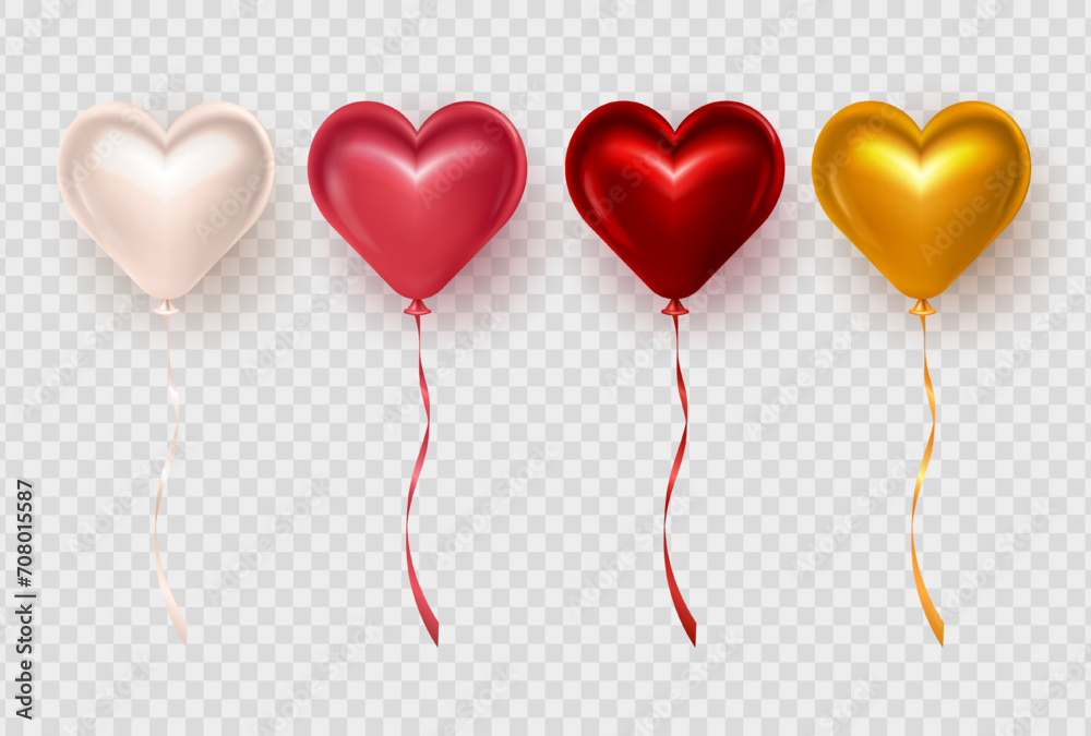 Set of four 3d glossy romantic red, pink, golden and beige heart balloons for Valentine's Day celebration. Colorful three dimensional shiny foil balloons in heart shape on transparent background