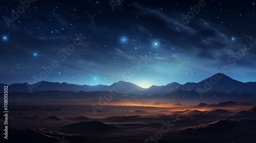 a vast desert under the clear, starlit night sky, with the myriad of stars casting a soft glow over the barren landscape, creating a surreal and enchanting 