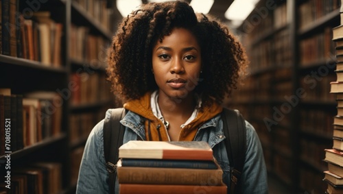 serious african american female student holding books in library photo