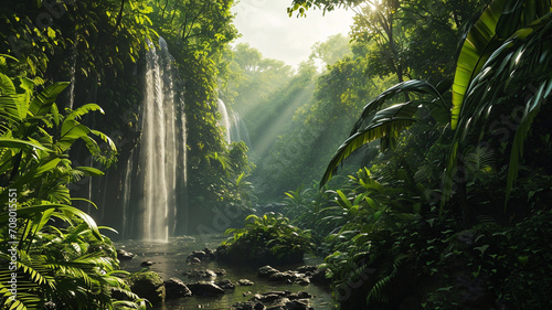 A sweeping vista of a lush tropical rainforest with a cascading waterfall