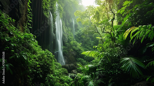 A sweeping vista of a lush tropical rainforest with a cascading waterfall