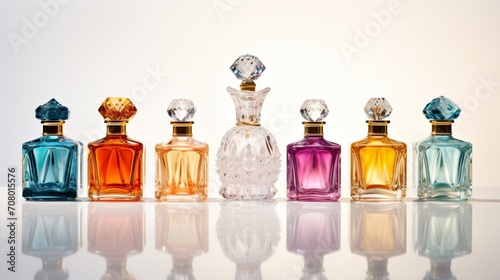 a variety of colorful perfumes, each bottle a unique shade, standing gracefully against a pristine white backdrop, their vivid hues evoking a sense of glamour and opulence, 