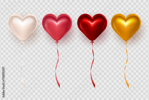 Set of four 3d glossy romantic red, pink, golden and beige heart balloons for Valentine's Day celebration. Colorful three dimensional shiny foil balloons in heart shape on transparent background