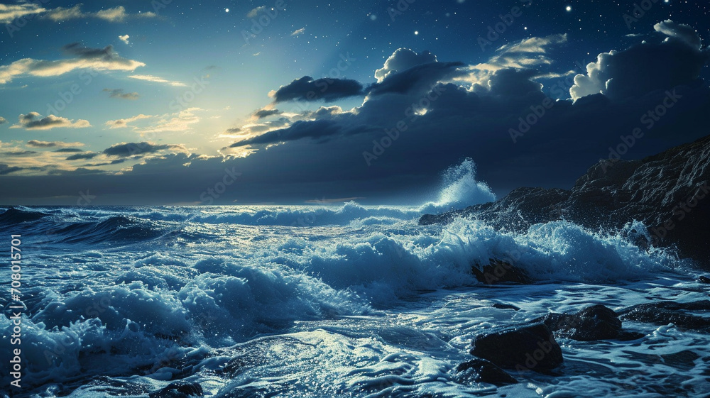 A sweeping vista of a moonlit seascape with gentle waves and a starry sky