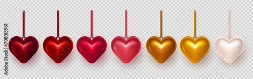 Big set of three dimensional red, golden, pink and white puffy heart baubles hanging on realistic chain. 3d glossy heart pendant as decoration element for Valentines Day celebration