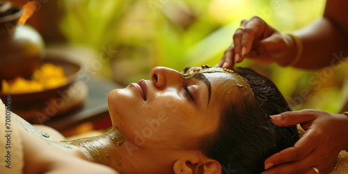 Care about yourself beauty treatment procedures concept. Body skin ayurveda hair care. Young Indian woman lying on the table and getting ayurvedic massage with organic oil or honeyed in dark room