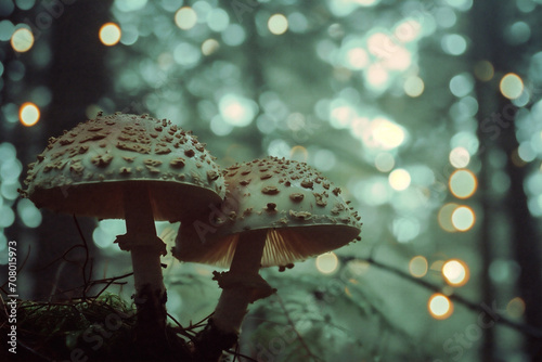 Mushrooms in the forest at night with bokeh effect