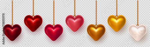 Collection of three dimensional red, golden, pink and white puffy heart baubles hanging on realistic golden chain. 3d glossy heart pendant, garland as decoration element for Valentines Day event