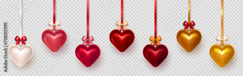 Big set of realistic three dimensional red, golden, pink and white puffy heart baubles hanging on ribbons with silk bow. 3d glossy heart pendant as decoration element for Valentines Day celebration