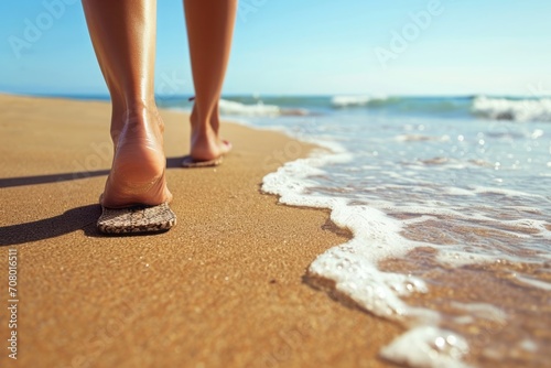 Close-up of feet in flip-flops walking on a sandy beach along the ocean photo