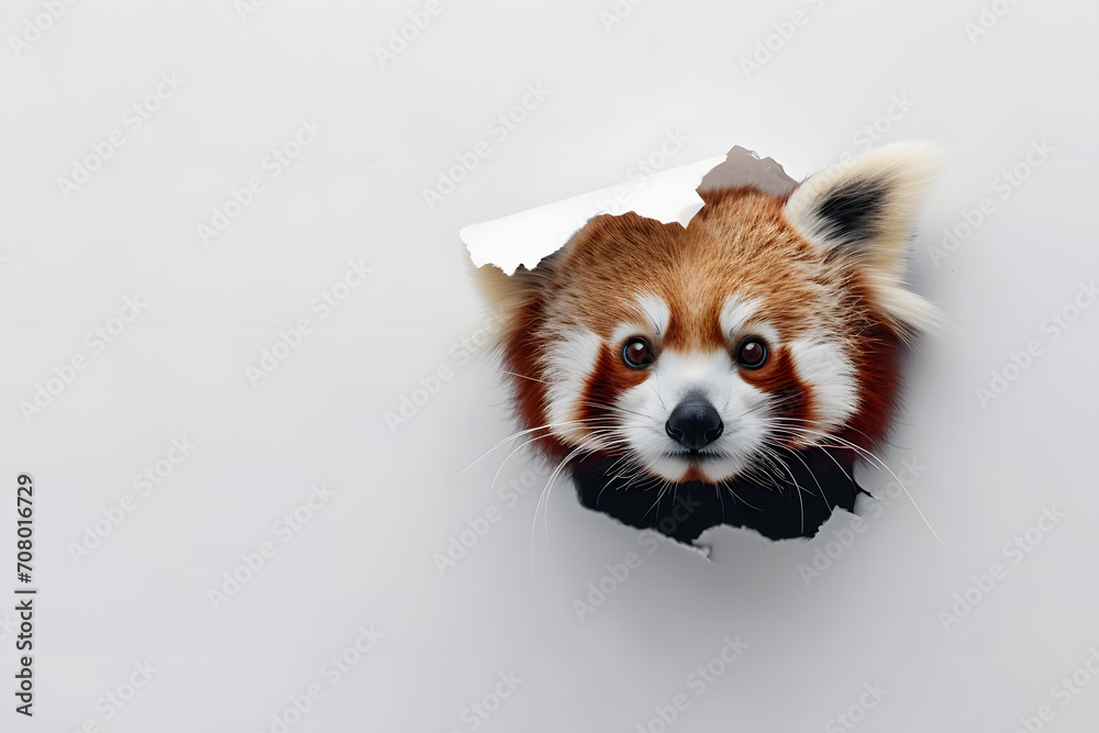 Cute Red Panda Peeking Through Torn Paper Hole Cute Red Panda Peeking Through Torn Paper Hole