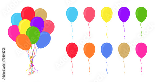 Set of balloon in cartoon style. Vector bunch of balloons with ribbon rope and flying single balloons in different colors for celebrate, carnival, holiday, birthday and party. Flat vector illustration