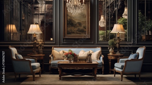 a vintage-inspired sitting area, adorned with antique furniture, ornate mirrors, and classic lighting fixtures, capturing the timeless allure of bygone eras in a space where nostalgia meets comfort.