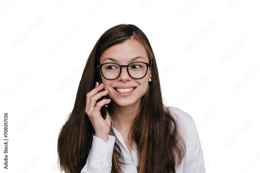 oung woman in glasses talking by phone toothy smiling looking aside against transparent background. Happy businesswoman at home speaking with friend. oung woman in glasses talking by phone toothy smiling looking aside against transparent background. Happy businesswoman at home speaking with friend.