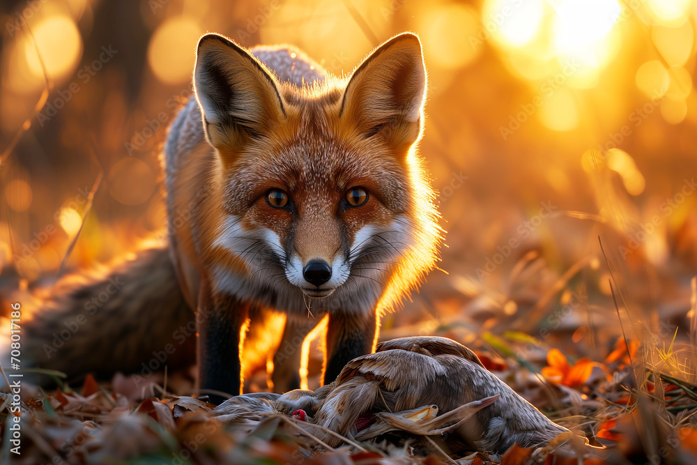 Backlit close up fox with a dead pigeon looking into the camera - Generative AI