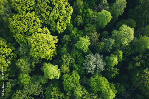Soft light in countryside woodland or park. Drone shoot above colorful green summer texture in nature. Bright forest, green deciduous trees. Summer in forest aerial top view.