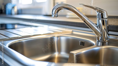 This image showcases a modern stainless steel double kitchen sink with a reflective chrome faucet, highlighting cleanliness and functionality.